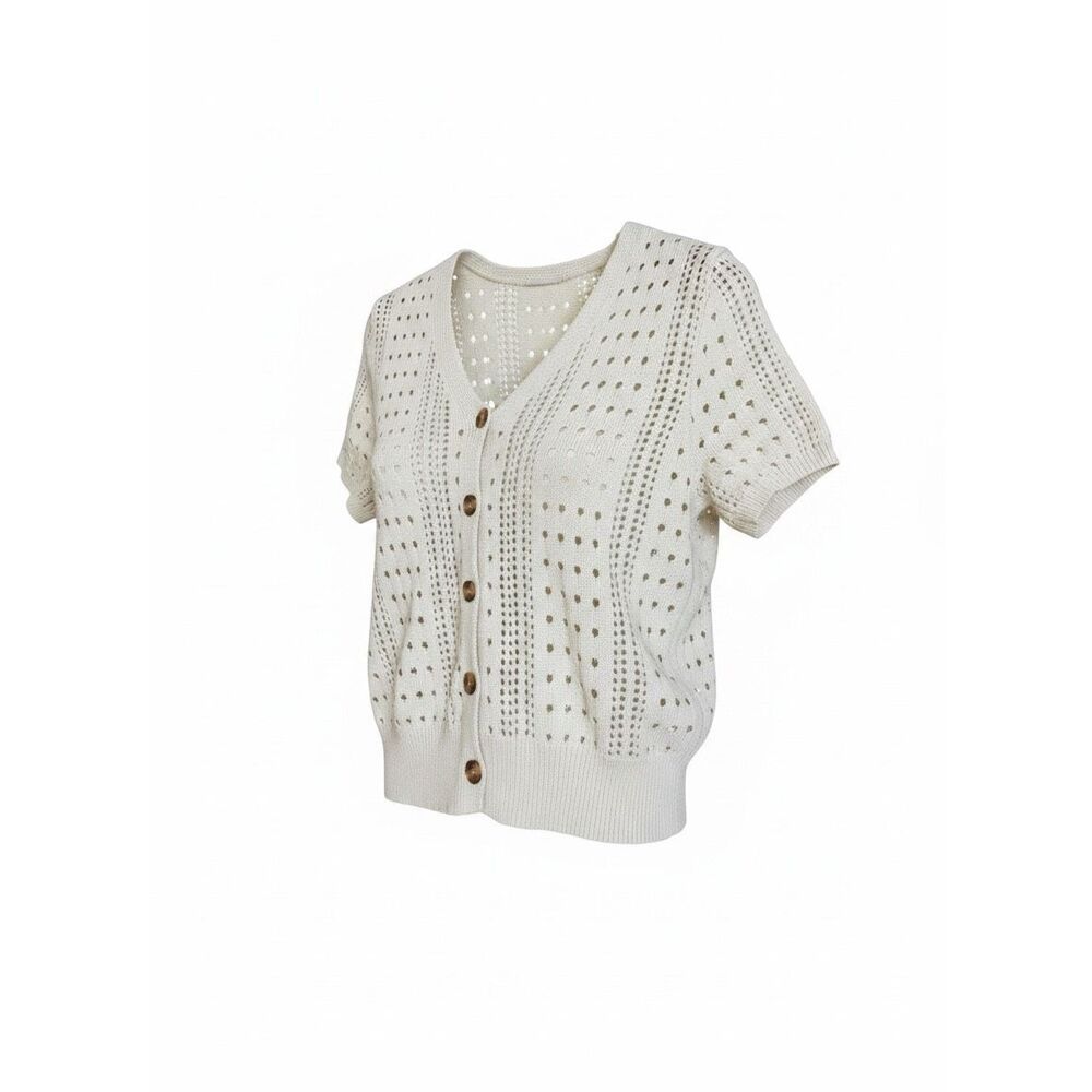 Open Knit Pointelle Cardigan Sweater‎ Womens Medium Cream Short Sleeve Button Up